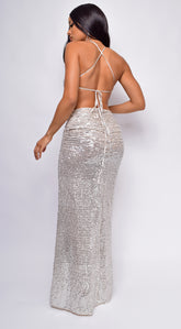 Azara Nude Silver Open Cross Back Sequin Gown